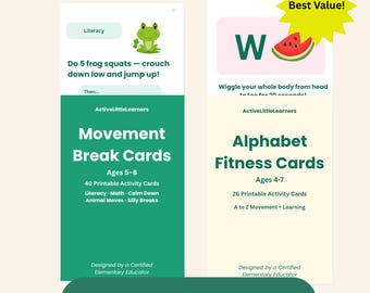 Movement Break Cards and Alphabet Fitness Cards Bundle Homeschool Printable Brain Break Cards ABC Fitness Kids Activity