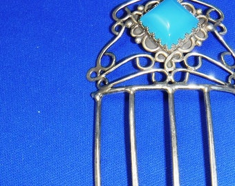 Decorative Hair Comb, Sterling Silver, Ocean Chalcedony Cab, Blue, Square, Filigree, 26g