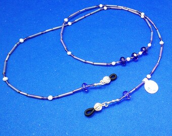 Eyeglass Lanyard Holder,  31 Inches, Authentic Pearls, Amethyst stones, Glass and Crystal Beads