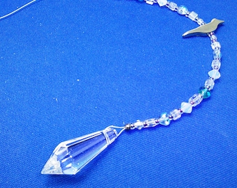 Crystal Sun Catcher, Unisex, Bird, Swarovski Crystals, Shades of Blue, 11"