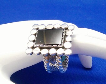 Silver Onyx Ring, Rectangular Cab, Sterling, Unisex, Large, Heavy, size 10