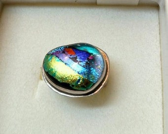 Multi Colored Dichroic Glass Ring, Sterling Silver, size 6