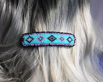 Clip Barrette, Glass Beads, Buck Skin Leather, Turquoise Purple Black, Diamond Design, 4"