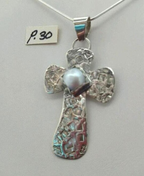Sterling Zilveren Kruis Hanger Hand Gesmeed Mobe Pearl | Etsy België