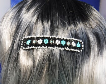 Clip Barrette, Glass Beads, Soft Boot Leather, Turquoise Black Silver White, Flower Design, 3.5"