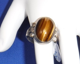 Tiger Eye Ring, Sterling Silver, Yellow-Brown, Oval, size 9 1/2