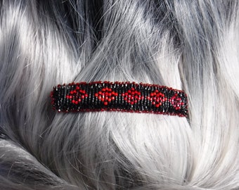 Clip Barrette, Glass Beads, Soft Boot Leather, Red & Black, Diamond Design, 3.5"