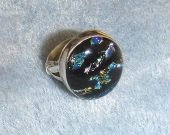 Dichroic Glass Ring, Sterling Silver, Black with Colorful Inclusions, Oval, size 7 1/2