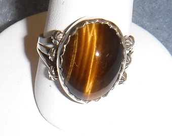 Tiger Eye Ring, Sterling Siver, Oval, Star Beads, size 9 1/2