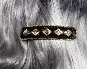 Clip Barrette, Glass Beads, Buck Skin Leather, Black & Gold, Diamond Design, 4"