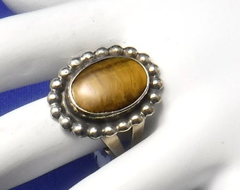 Tiger Eye Ring, Sterling Silver, Bead Drop Edge, Yellow-Brown, size 7