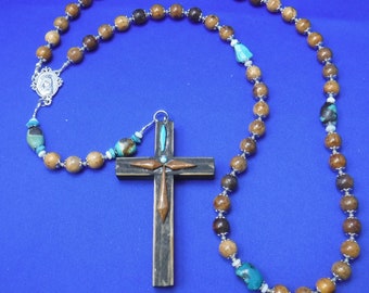 Rosary with Wood Cross, Wood, Glass, Turquoise Beads, Turquoise Nuggets, Opals