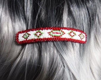 Clip Barrette, Glass Beads, Soft Boot Leather, Red White Green, Diamond Design, 4"