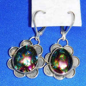 Dichroic Glass Earrings, Sterling Silver, Flower Design, Shades of Green, Pink, Yellow, Leverback Closure