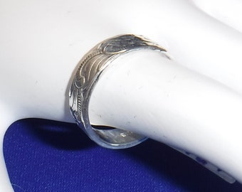 Sterling Silver Band Ring, Stackable, Paterned, Western Scroll, Thick Band, 3.8g, size 6 3/4