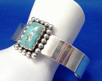 Turquoise Cuff Bracelet, Sterling Silver Band Rectangular Unisex Heavy, size 7 1/2