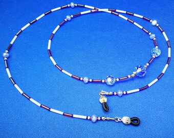 Eyeglass Lanyard Holder, 30 Inches, Patriotic, Forth of July, Red White and Blue, Bohemian, Crystal Glass Beads