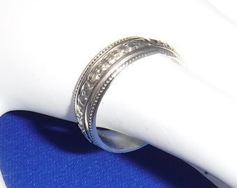 Sterling Silver Band Ring, Stackable, Floral Pattern, Bead Edge, Thick Band, 4.1g, size 6 1/2