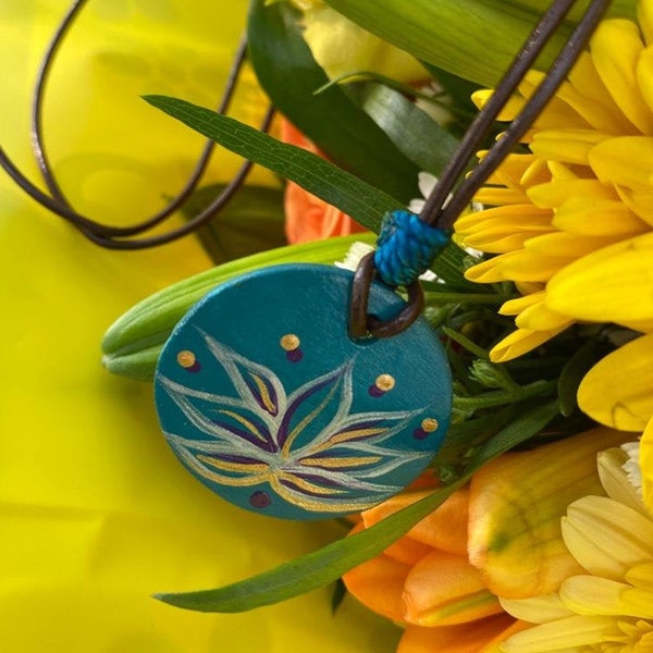 Lotus Flower Necklace, Handpainted Necklace, Lotus Flower Pendant, Lotus Necklace, Buddhist Necklace, Flower Gift, Lotus Charms, India Gift