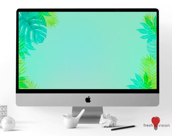 Descarga digital de fondo de computadora azul de hojas de palma tropical