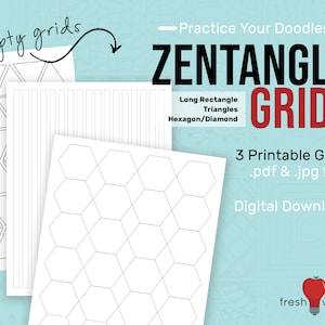 May include: Three printable Zentangle grids: a grid of triangles, a grid of vertical lines, and a grid of hexagons. The grids are on white paper with black lines. The text "Practice Your Doodles" and "Zentangle Grids" is at the top of the image. The text "Long Rectangle Triangles Hexagon/Diamond" is below the title. The text "3 Printable Grids .pdf & .jpg files Digital Download" is on the right side of the image. The text "fresh vision" is at the bottom of the image.