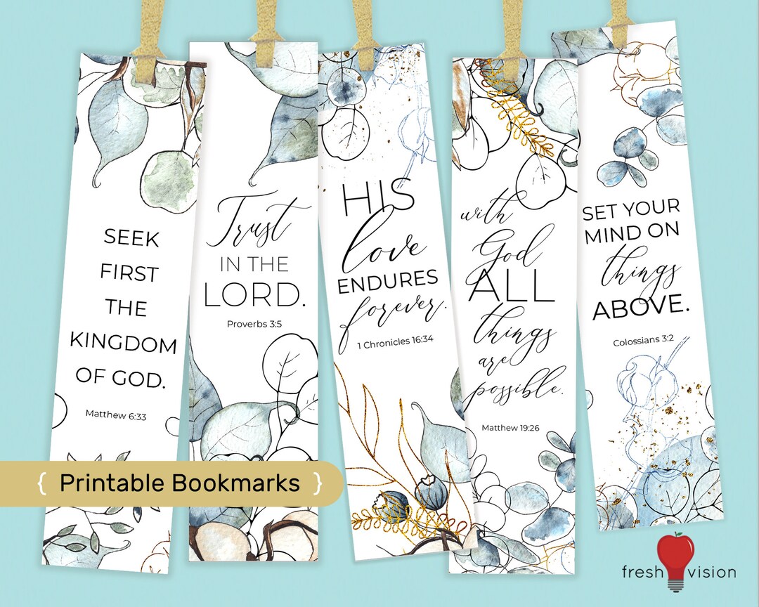 5 Printable Bible Verse Bookmarks - Blue Floral Watercolor in a Modern ...