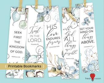 5 Printable Bible Verse Bookmarks - Blue Floral Watercolor in a modern, clean feminine style