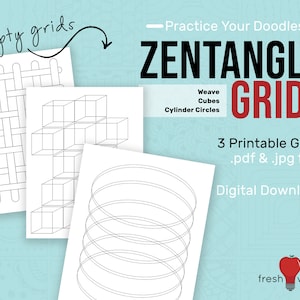 Puede incluir: Tres cuadrículas imprimibles de Zentangle para practicar el garabateo. Las cuadrículas incluyen tejido, cubos y círculos de cilindros, disponibles como archivos .pdf y .jpg. Se muestra el texto "Practice Your Doodles" y "Zentangle Grids".