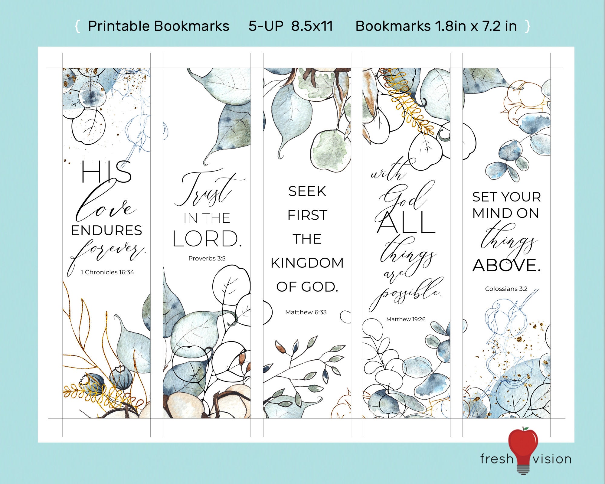 5 Printable Bible Verse Bookmarks Blue Floral Watercolor in a Modern ...