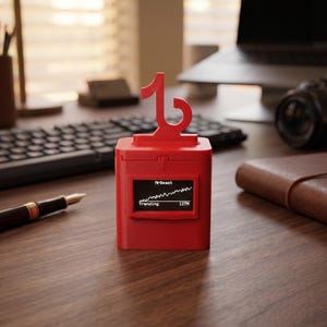 Pode incluir: Um dispositivo vermelho e retangular com uma tela exibindo um gráfico de tendências e o texto "MrBeast". O dispositivo tem um número "1" estilizado no topo. O dispositivo está em uma mesa de madeira.