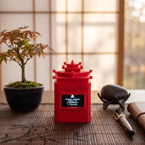May include: A bright red, rectangular electronic device shaped like a traditional pagoda with a tiered roof. The front features a small, rectangular digital screen displaying the text: Vision without action is a daydream. -- proverb.