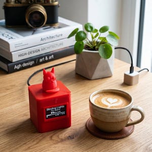 May include: A red cube-shaped device with a small screen displaying "Blinding Lights" by The Weeknd. A small red devil figure sits on top. A cup of coffee with latte art and a vintage camera are also visible.