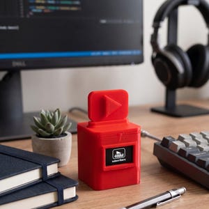 May include: A red YouTube subscriber award with a play button on top and a screen displaying "489M subscribers." The award sits on a wooden desk with a succulent, notebooks, a keyboard, and headphones in the background.