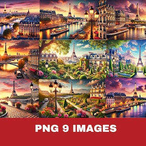 May include: A collage of nine images depicting a picturesque Parisian cityscape with the Eiffel Tower as the focal point. The images showcase various angles and perspectives of the iconic landmark, including views from the Seine River, gardens, and streets. The images are rendered in a vibrant, colorful style, capturing the beauty and charm of Paris.
