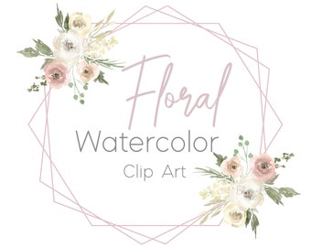 Watercolor Floral Clipart – Pink Rose, Geometric Frame (PNG Digital Download)