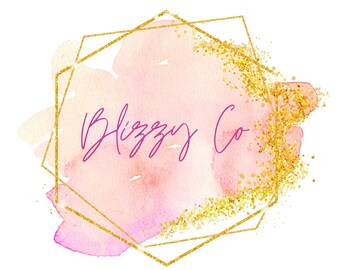 Pink Watercolor Brush Strokes Gold Glitter Simple Logo| Hexagon Clipart | Glitter Geometric Border Frame | PNG & JPG, Instant download