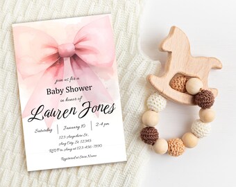 Canva Baby Shower Invitation Template, Pink Bow, Editable SMS Evite (Digital Download)