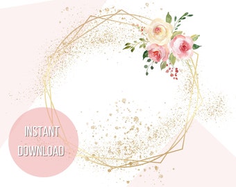 Geometric Gold Simple Floral Frame Transparent Clipart-Gold Glitter Pink Flowers/Floral -PNG Digital Instant Download Graphic Logo Design