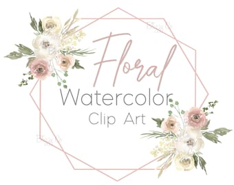 Watercolor Floral Simple Geometric Frame Transparent Clipart Image-Pink Cream Rose/Peony Flowers -PNG Digital Download Graphic Logo Design