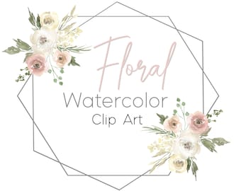 Watercolor Floral Simple Geometric Frame Transparent Clipart Image-Pink Cream Rose/Peony Flowers -PNG Digital Download Graphic Logo Design