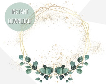 Geometric Gold Watercolor Simple Frame Transparent Clipart Image-Gold Glitter Green Leaves -PNG Digital Instant Download Graphic Logo Design