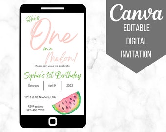 One in a Melon Birthday Invitation Template, Canva Editable (Digital)