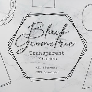 May include: A set of 21 black geometric transparent frames. The frames are in various shapes, including circles, squares, triangles, and hexagons. The frames are perfect for adding a modern touch to your designs.