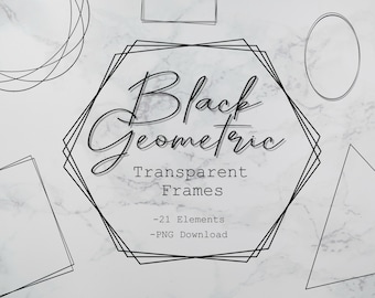 Black Geometric Empty Transparent Frames Clipart Polygonal Graphic-Digital Logo Design Elements Hexagon Overlapping Shapes Cricut Labels PNG