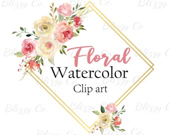 Watercolor Floral Simple Geometric Frame-Transparent Images-Gold Triangle Frame and Pink flowers -PNG download file- Digital logo design