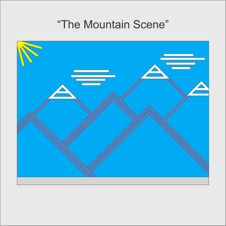 Pode incluir: Ilustra&ccedil;&atilde;o gr&aacute;fica intitulada "The Mountain Scene" com um c&eacute;u azul, nuvens brancas e montanhas estilizadas com contornos roxos. Um raio de sol amarelo est&aacute; no canto superior esquerdo. As montanhas t&ecirc;m picos triangulares brancos.