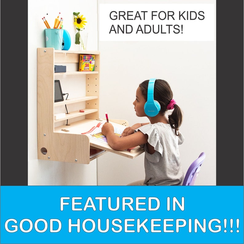 May include: A light wood wall-mounted desk with a shelf above it. A young person is sitting at the desk wearing blue headphones and writing in a notebook. The desk is folded down and the text "GREAT FOR KIDS AND ADULTS!" is visible above the desk. The text "FEATURED IN GOOD HOUSEKEEPING!!" is visible below the desk.