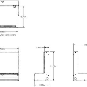 May include: Line drawing of a desk with dimensions labeled in inches. The desk has a writing surface, a shelf, and a stand. The writing surface is 22.88 inches wide and 24 inches deep. The stand is 21.75 inches tall and 11 inches wide. The shelf is 3.5 inches tall.