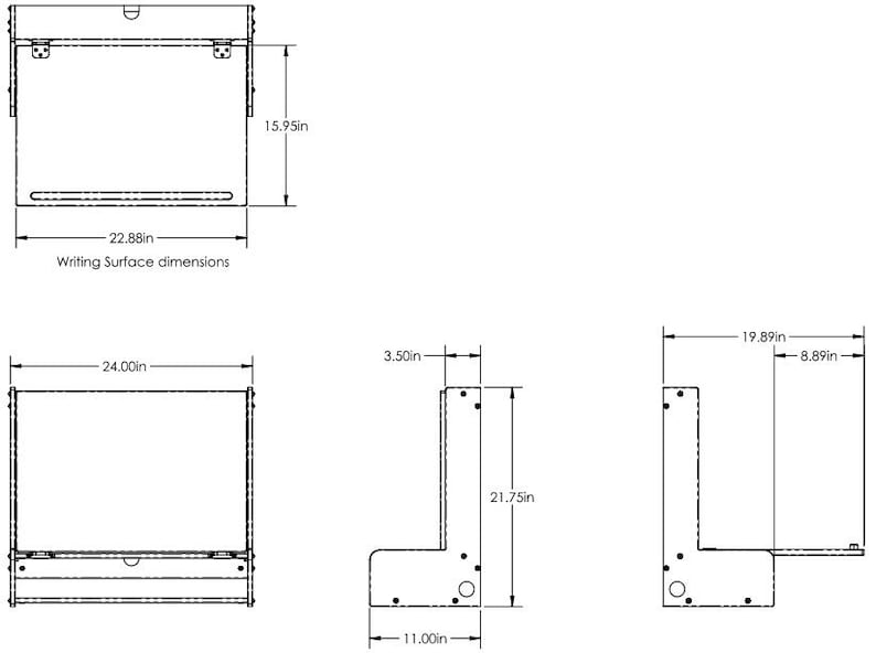 May include: Line drawing of a desk with dimensions labeled in inches. The desk has a writing surface, a shelf, and a stand. The writing surface is 22.88 inches wide and 24 inches deep. The stand is 21.75 inches tall and 11 inches wide. The shelf is 3.5 inches tall.
