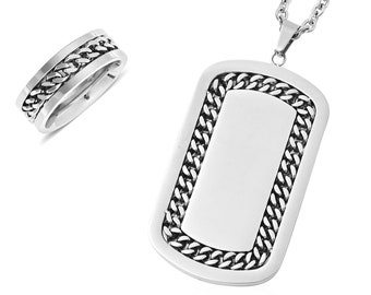 Stainless Steel Men's Ring (Sz 10) and Dog Tag w/ Chain Set